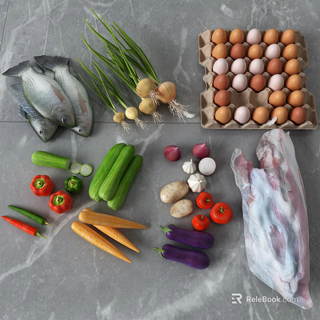 Fresh Various Vegetables on Kitchen Counter Including Scallions Onions Cucumbers Peppers Carrots Tomatoes and Eggplants 3d model 