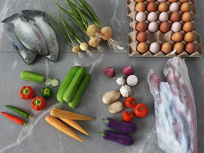 Fresh Various Vegetables on Kitchen Counter Including Scallions Onions Cucumbers Peppers Carrots Tomatoes and Eggplants 3d model