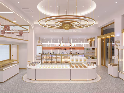 Elegant Dessert Shop Interior With Circular Pastry Display Counter Golden Chandeliers And White Shelves 3d model