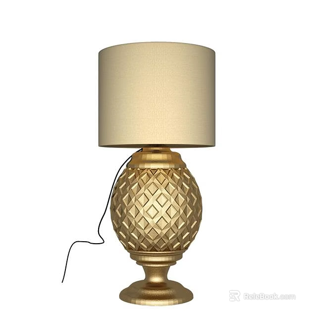 Gold Textured Table Lamp With Diamond Pattern Base And Beige Fabric Shade 3d model