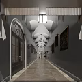 Elegant Shopping Mall Corridor With Arched Doorways Chandeliers And Marble Flooring