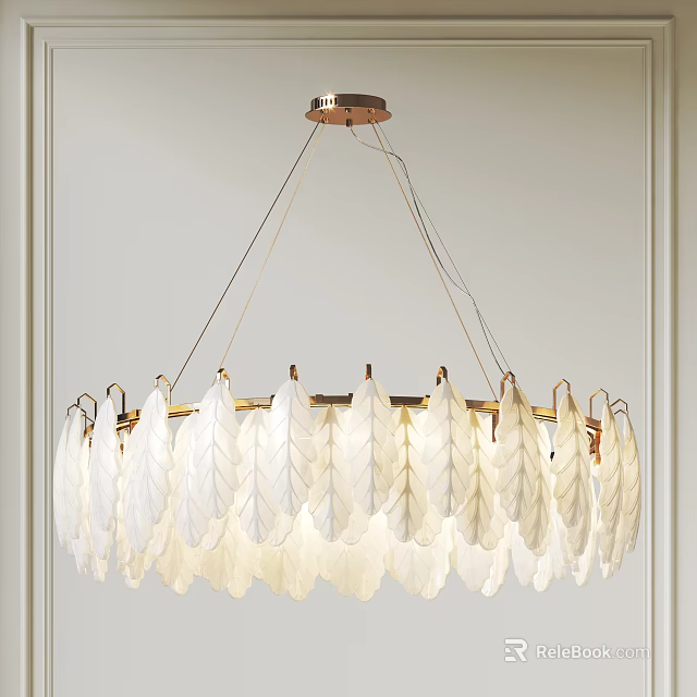 Elegant Modern Luxury Chandelier With White Leaf Shaped Shades And Golden Frame 3d model 