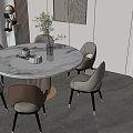 Round Dining Table with Marble Top Gray Brown Chairs Modern Interior Wall Art Shelf Decor 3d model