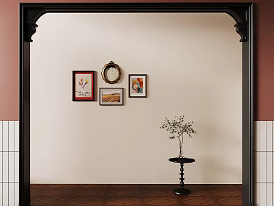 Stylish Archway Interior Featuring Pink Walls White Tiles Beige Wall Art And Wooden Floor 3d model