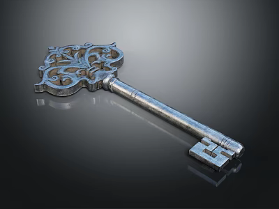 Elegant Vintage Silver Key Shaped Jewelry Pendant With Intricate Carvings Design 3d model