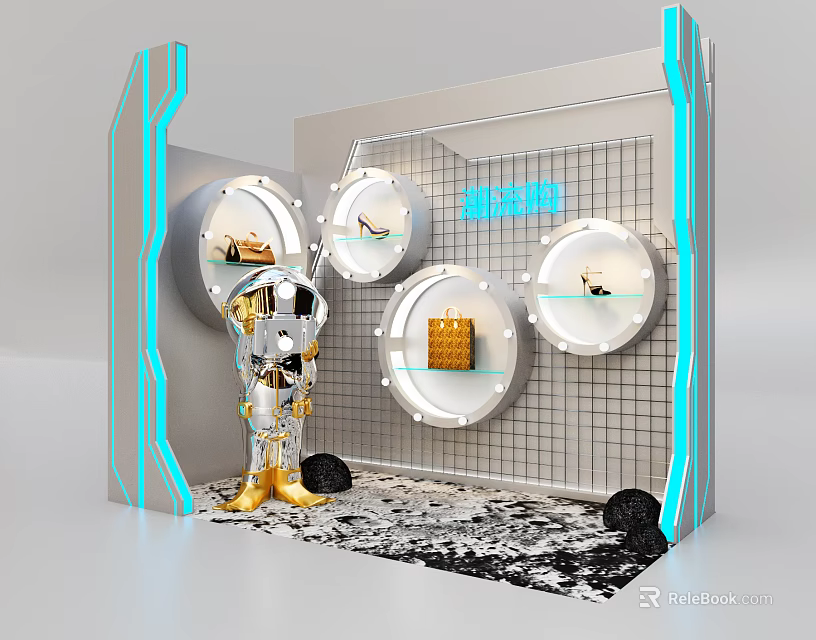 Modern Exhibition Booth Design Featuring Astronaut Model And Circular Shelves 3d model