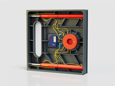 Gray Device Assembly With Red Pipes Yellow Wires Blue Card And Circular Component 3d model
