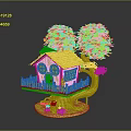 Treehouse With Red Roof Yellow Walls White Fence Surrounded By Two Trees And Base Decorations