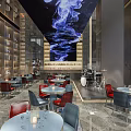 Modern Cafe Interior Design With Large Windows Bar Counter Bar Stools And Chandelier