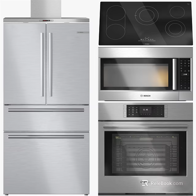 Modern Stainless Steel Kitchen Appliances Including Refrigerator Microwave Oven And Cooktop 3d model 
