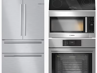 Modern Stainless Steel Kitchen Appliances Including Refrigerator Microwave Oven And Cooktop 3d model