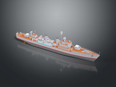 Detailed Military Ship Model 3D Rendering With Deck Antennas And Gray Orange Hull 3d model