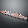 Detailed Military Ship Model 3D Rendering With Deck Antennas And Gray Orange Hull