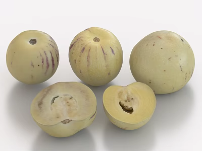 Yellow Fruits With Purple Stripes And Spots Three Whole And Two Sliced On White Surface 3d model