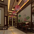 Traditional Chinese Clubhouse With Lotus Decor Wooden Walls Warm Lighting Murals And Reception Desk