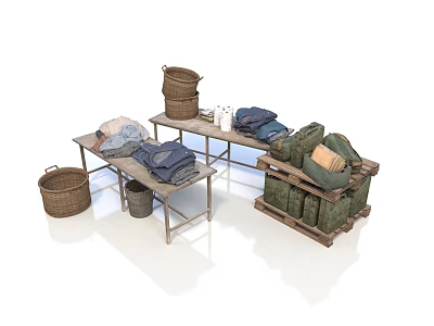Household Items Storage Display With Folded Clothes Wicker Baskets And Wooden Crates On Tables 3d model