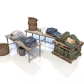 Household Items Storage Display With Folded Clothes Wicker Baskets And Wooden Crates On Tables