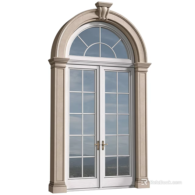 Classic Double Casement Window with Arched Top Grille Design and Light Colored Frame 3d model 
