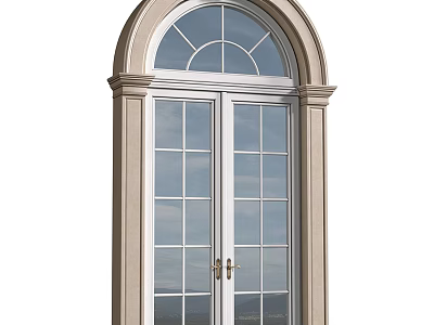 Classic Double Casement Window with Arched Top Grille Design and Light Colored Frame 3d model