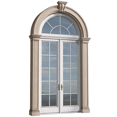 Classic Double Casement Window with Arched Top Grille Design and Light Colored Frame 3d model