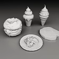 Assorted Delicious Food Including Hamburger Ice Cream Cones Salad And Bacon Slices