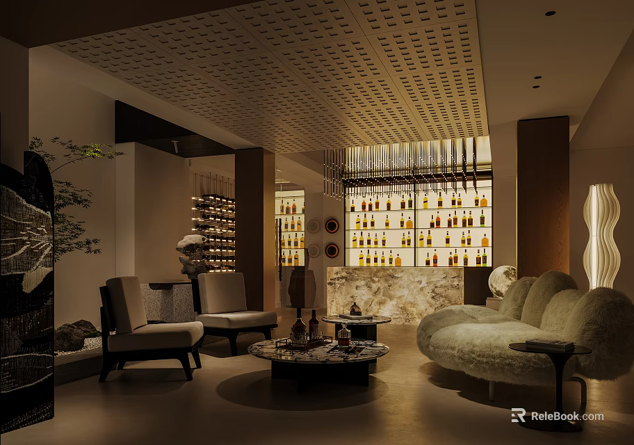 Luxurious Modern Entertainment Room With Wine Displays And Cozy Seating 3d model 