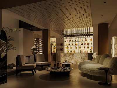 Luxurious Modern Entertainment Room With Wine Displays And Cozy Seating 3d model