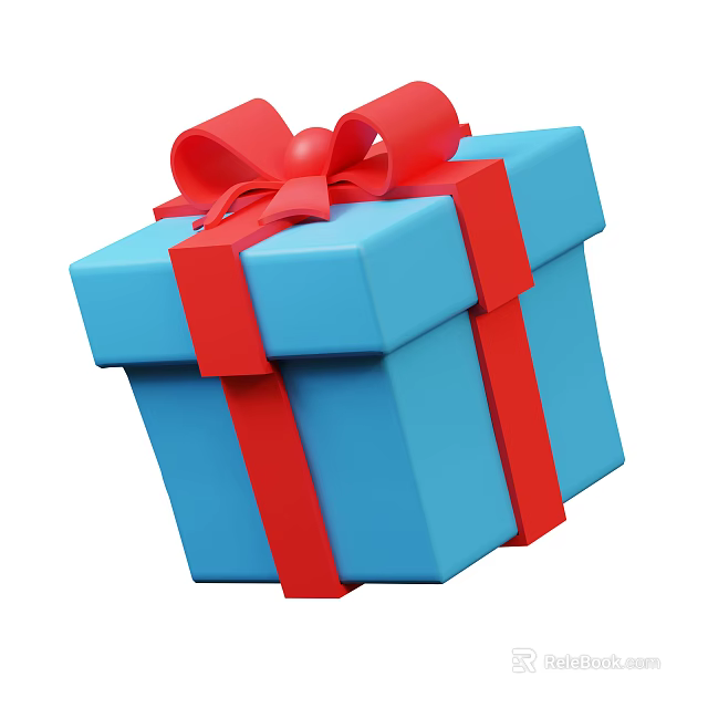 Decorative Ornament Set Featuring Blue Gift Box Red Bow and Ribbon 3d model 