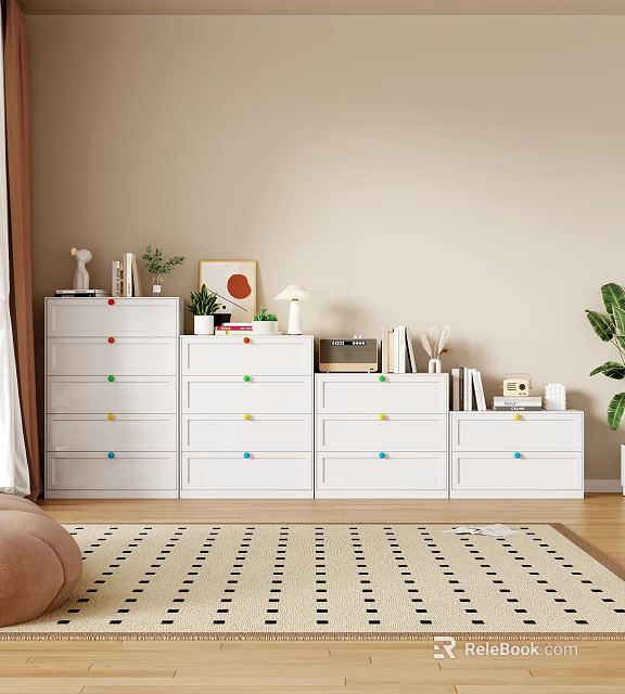 Stylish White Chest of Drawers with Colorful Handles and Decorative Items Like Plants and Books 3d model 