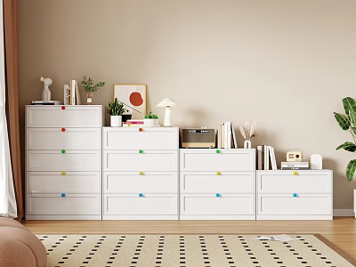 Stylish White Chest of Drawers with Colorful Handles and Decorative Items Like Plants and Books 3d model