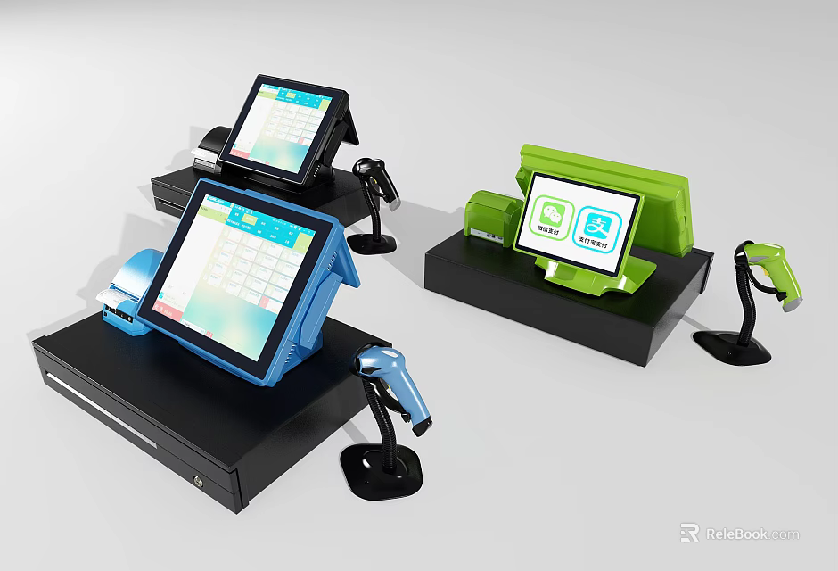 Commercial Equipment Featuring Tablet POS Terminals In Various Colors With Scanner Accessories 3d model 