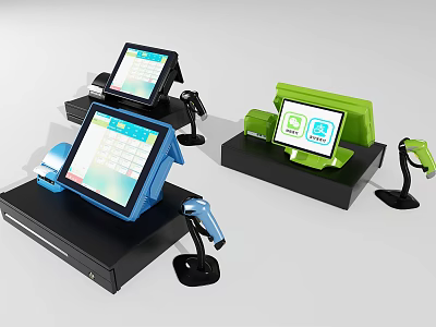 Commercial Equipment Featuring Tablet POS Terminals In Various Colors With Scanner Accessories 3d model