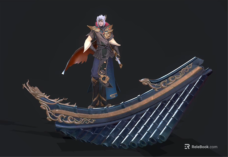 White Haired Character In Red Cape Standing On Dragon Themed Boat With Gold Blue Details 3d model 