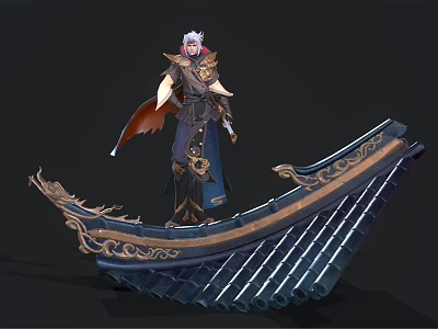 White Haired Character In Red Cape Standing On Dragon Themed Boat With Gold Blue Details 3d model