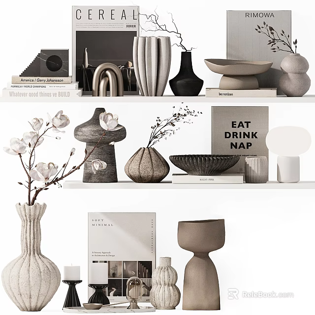 Modern Minimalist Decorative Ornament Set with Vases Sculptures Books and Potted Plants on Shelves 3d model 