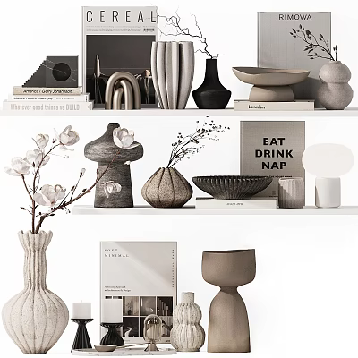 Modern Minimalist Decorative Ornament Set with Vases Sculptures Books and Potted Plants on Shelves 3d model