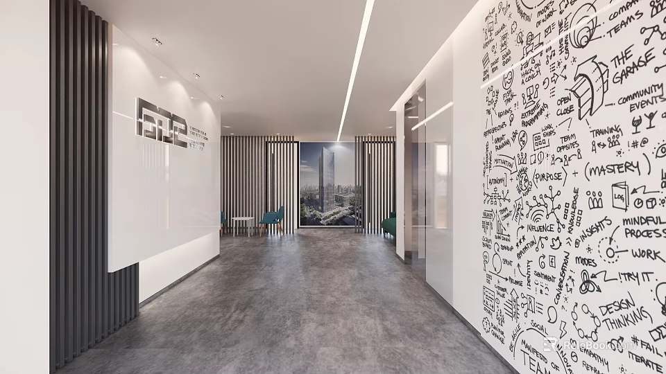 Modern Office Corridor With Handwritten Wall Art Glass Partitions And Linear Ceiling Lights 3d model 