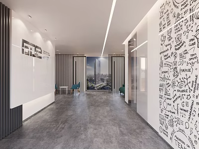 Modern Office Corridor With Handwritten Wall Art Glass Partitions And Linear Ceiling Lights 3d model