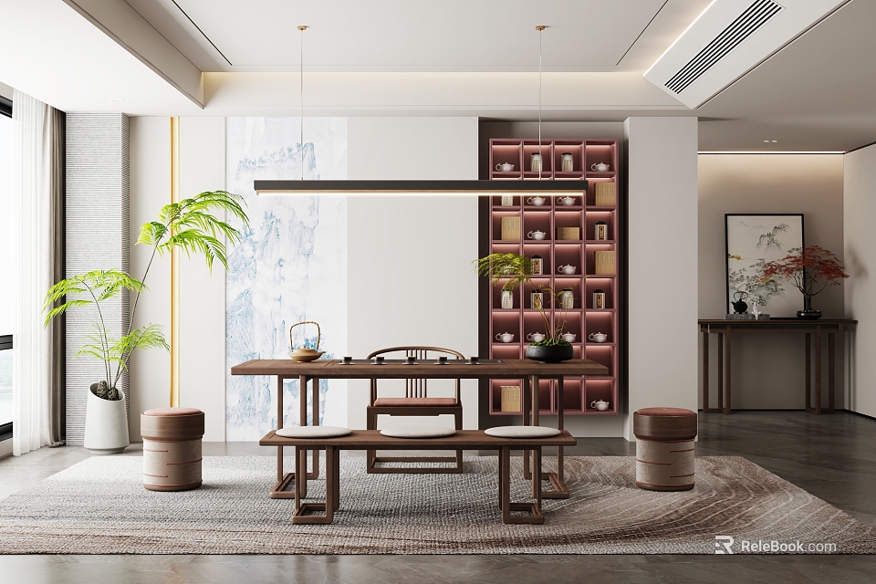 Traditional Tea Room Interior Design With Wooden Tea Table Chairs Bookshelf And Green Plants 3d model 