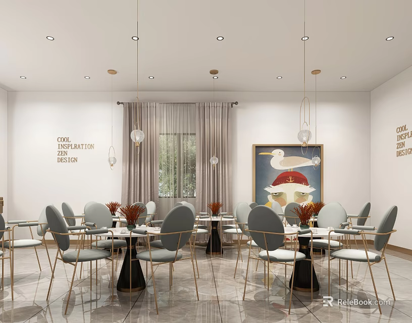 Elegant Modern Bubble Tea Shop Interior With Gray Chairs Hanging Lamps And Decorative Painting 3d model 