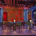 Elegant Modern Bar Interior With Neon Lights Bar Counter High Chairs And Wine Cabinets