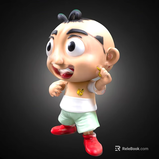 Cartoon Game Movie Character With Bald Head Big Eyes White Shirt Green Shorts Red Shoes 3d model 