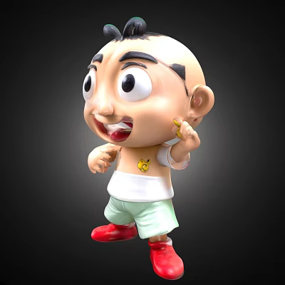 Cartoon Game Movie Character With Bald Head Big Eyes White Shirt Green Shorts Red Shoes 3d model