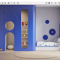 Stylish Kids Room Interior With Blue Curved Cabinet Circular Wall Decor And White Bedding