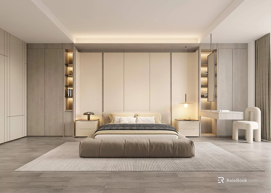 Modern Bedroom Interior With Platform Bed Built in Wardrobes and Wooden Flooring 3d model 