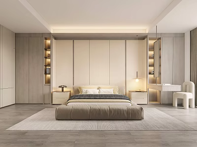 Modern Bedroom Interior With Platform Bed Built in Wardrobes and Wooden Flooring 3d model