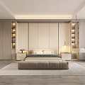 Modern Bedroom Interior With Platform Bed Built in Wardrobes and Wooden Flooring
