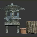 Traditional Copper Lantern Structure With Pagoda Roof Window Panels And Wooden Log Stump