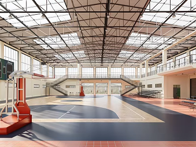 Modern Indoor Basketball Gymnasium With Skylights High Ceiling Bleachers And Wooden Floor 3d model