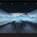Modern Dining Space With Landscape Mural Long Table Black Chairs And Recessed Lights